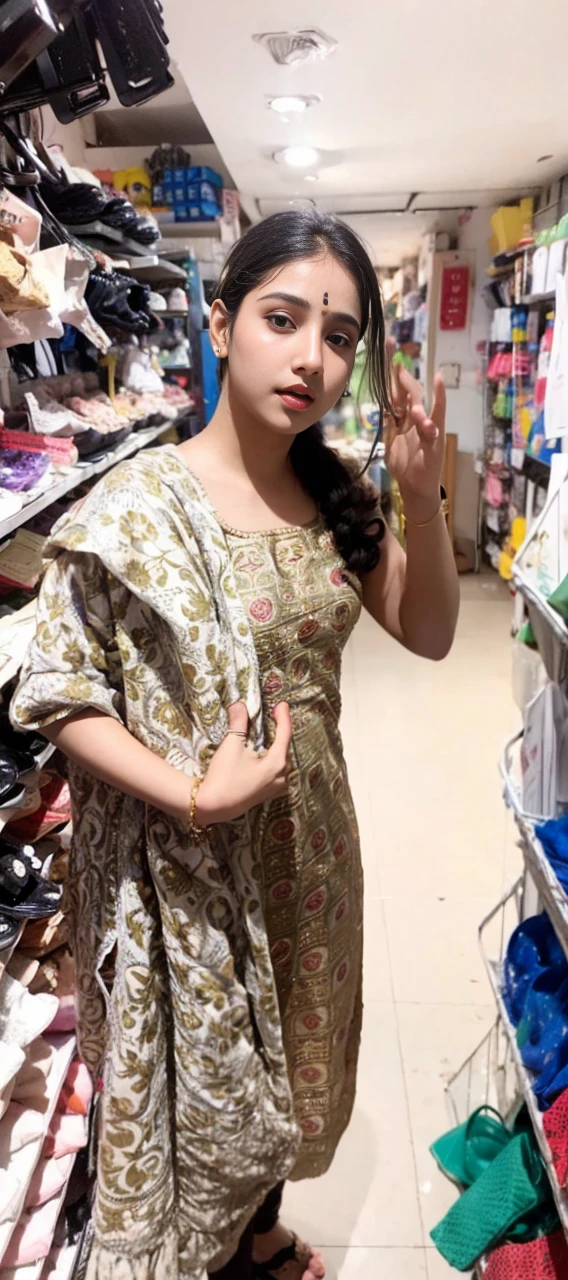(((desi girl))), chubby face, natural skin, wearing hot deep neck top and dupatta, charming black hair, ((hair ends are blonde)), city streets background, bokeh