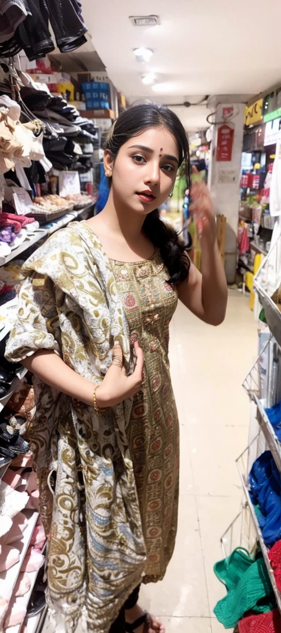 (((desi girl))), chubby face, natural skin, wearing hot deep neck top and dupatta, charming black hair, ((hair ends are blonde)), city streets background, bokeh