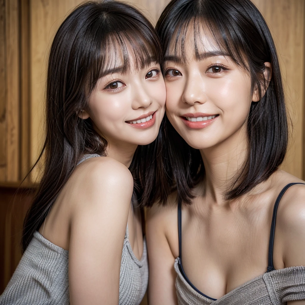 (8K, 4K, Best Quality, High Definition, Ultra High Definition: 1.1), (Masterpiece, Realistic, Photorealistic: 1.1), Solo, Japanese woman, H cup, cute, , model's expression, beautiful oval-shaped face, contour bob haircut, short see-through bangs, very small nose, wide-set downward sloping eyebrows, smiling slightly wide V-shaped mouth, straight and well-aligned teeth, thicker center lips, slightly wide-set eyes, moderately sized eyes, smiling droopy eyes, defined double eyelids, prominent tear bags,