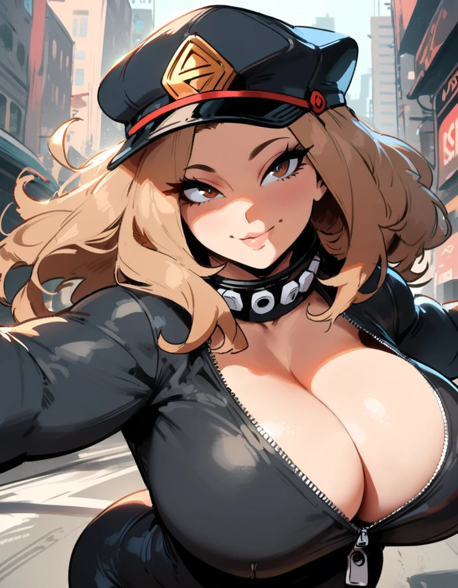 1girl, utsushimi kemii, boku no hero academia \\\\\ masterpiece, best quality, very aesthetic, absurdres, newest \\\\\\ slim body,///// ,by nyantcha,cutesexyrobutts , by khyle,,////// beautiful face,  light brown hair  ,plump and glossy lips, city, looking at viewer, close-up, dark brown eyes,, cap,  black catsuit with blending patterned lines and a zipper running down the middle, left slightly down to reveal her cleavagears white cuffs around her wrists,smile
