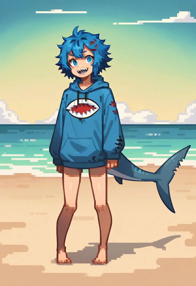 eyes,Messy hair, Blue highlights, Sharp teeth, Blue hoodie, Shark tooth design, Bare legs, hair adornments, gawr gura, Shark Girl, Shark tail, Shark print, Blue hoodie, Sharp teeth, Animal hood, shark hair ornament, standing, En plein air, Beach background