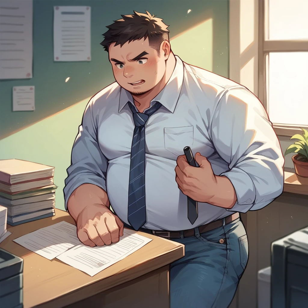 A young fat man in a shirt and jeans and tie is working in his office