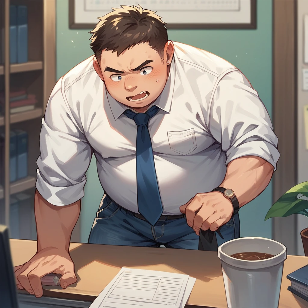 A young fat man in a shirt and jeans and tie is working in his office
