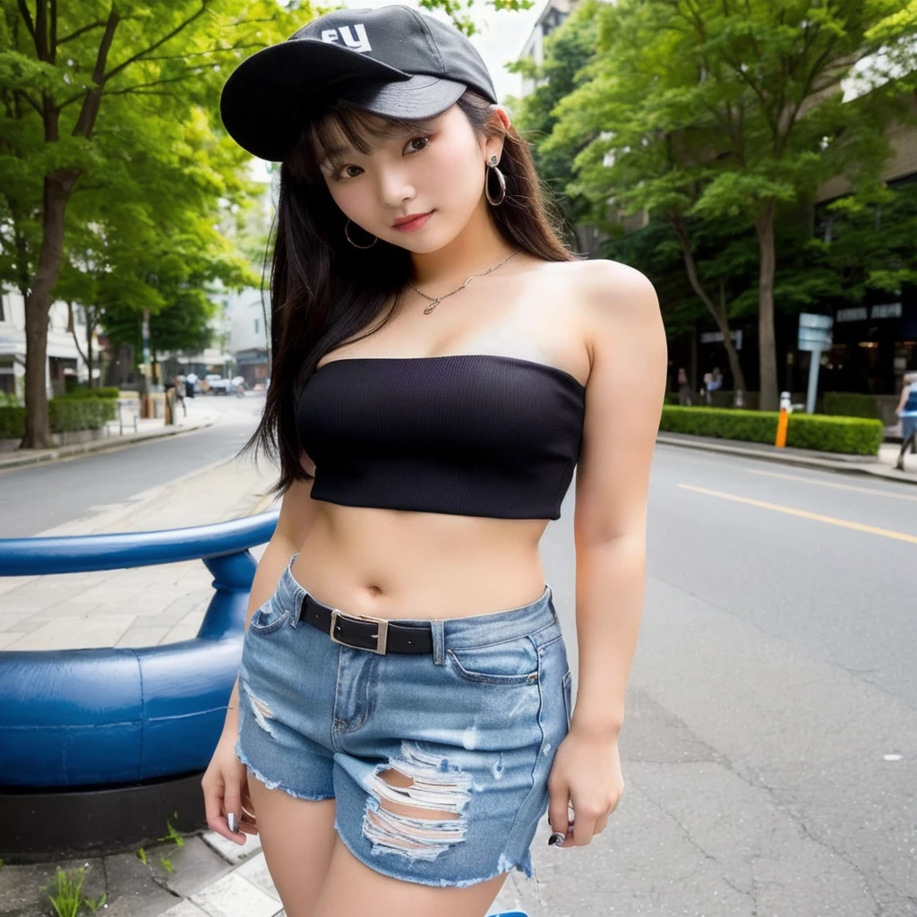 An Asian woman in her fifties wearing a black top and ripped shorts, セクシーなWearing a crop top, Bra and shorts streetwear, Wearing a cropped black tank top, Slim girl photos model, korean female fashion model, Wearing a black cropped tank top, Gorgeous Young Korean Woman, Korean Girls, Slim girl photos, Wearing a crop top, 2 4-year-old female model