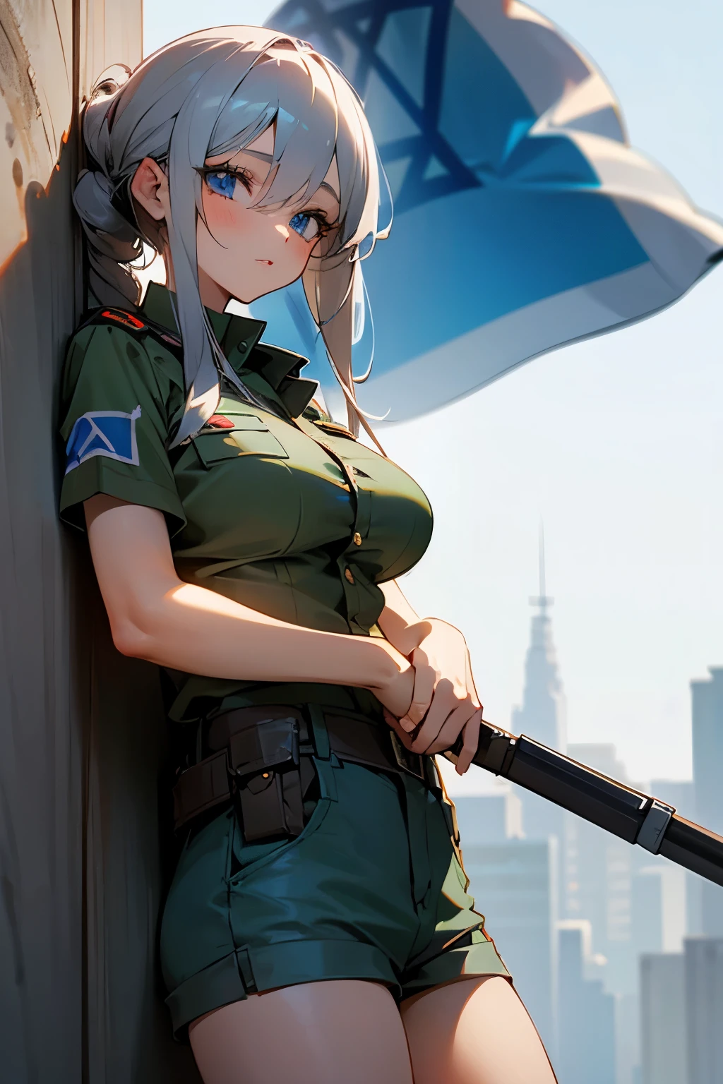 Cute girl, Israeli soldier, gray hair, blue eyes, beautiful, big breasts, Israeli flag, short pants, israeli soldier