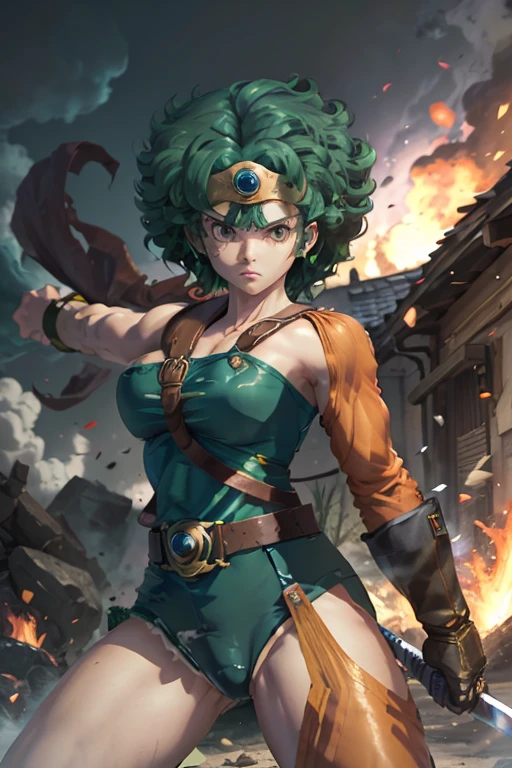 Anime Artwork Anime Artwork Masterpiece,most、high quality, Unreal Engine, Ultra-high resolution, Very detailed丸い胸, 1 person with medium chest,  Waist, thin,(Muscular:0.9)
 heroine, 
Circlet, Curly Hair, Green Hair, short hair, Asymmetrical clothing, leotard, belt, One-handed gloves, Single Sleeve, Single Thigh High Cave, Holding a sword, . Anime Style, Key Visual, Vibrant, Studio Anime,  Very detailed、be attacked by fire by the enemy.　I'm running out of life.　Get down on one knee、ragged equipment