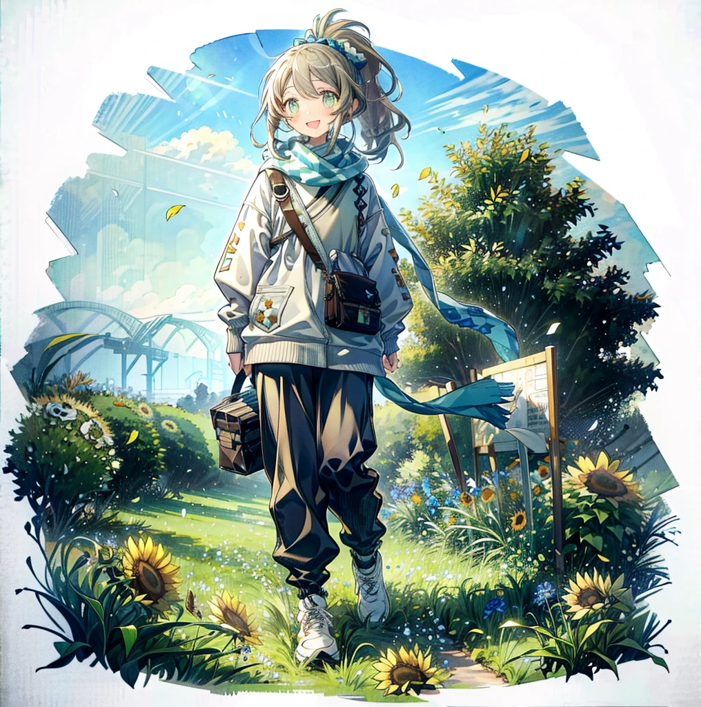 A girl，（Brown Ponytail），Green Eyes，Blue grey sweatshirt，Open mouth smile，The grass under your feet，sunflower，Sea of flowers in the background，（scarf，[White background 1::5]，Waltz，Bright little 花朵 under your feet，Lovely，Sunlight，Flying Petals，Blue sky，Black trousers，White sneakers，Carrying a shoulder bag，student，With both hands wrapped in a thick stack of books in front of the chest