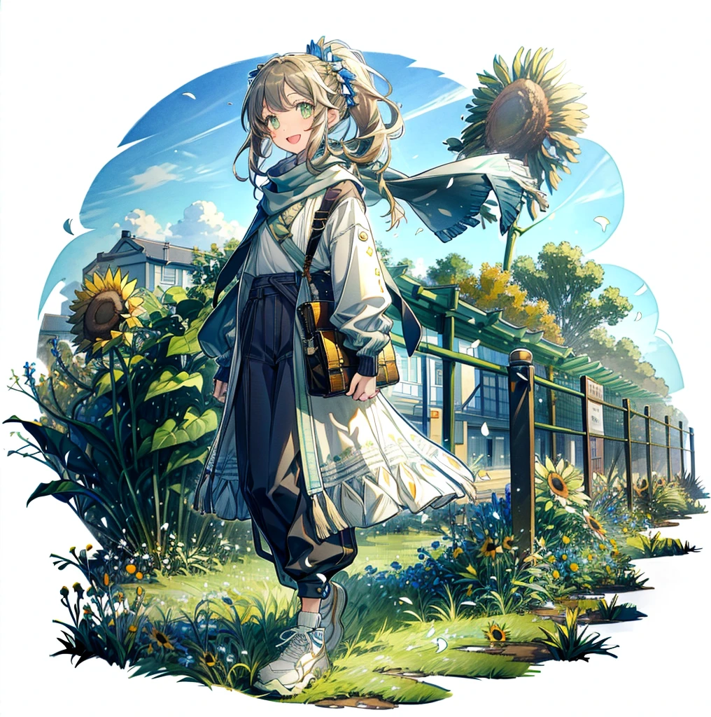 A girl，（Brown Ponytail），Green Eyes，Blue grey sweatshirt，Open mouth smile，The grass under your feet，sunflower，Sea of flowers in the background，（scarf，[White background 1::5]，Waltz，Bright little 花朵 under your feet，Lovely，Sunlight，Flying Petals，Blue sky，Black trousers，White sneakers，Carrying a shoulder bag，student，With both hands wrapped in a thick stack of books in front of the chest