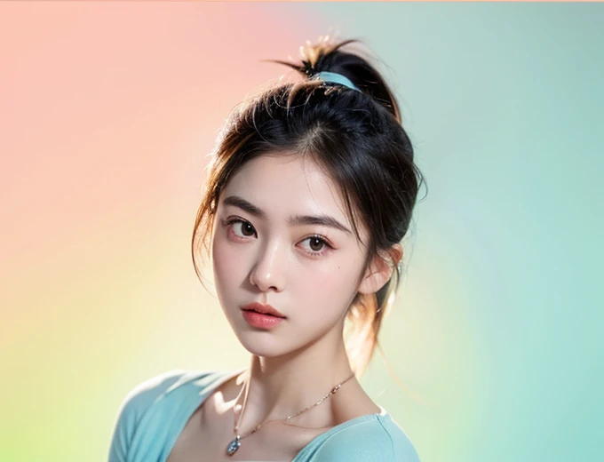 Hyperrealistic characters. 22 year old woman, sharp nose, beautiful and looks dignified, white skin, big breasts, black hair (((Ponytail hairstyle))), and wearing a pink T-shirt. body position facing the camera with hands in a ready position, facial details (((details of a sharp nose, small eyes, natural eyebrows, mouth))), the distance between the eyebrows and eyes is far, green to blue gradient background. lipgloss, eyelashes, shiny face, shiny skin, top quality, ultra highres, depth of field, chromatic aberration, caustics, Broad lighting, natural shadows, High quality photo, UHD, 16K, 1 girl, 3D, Cartoon rendering shown from hair to hips, cleavage