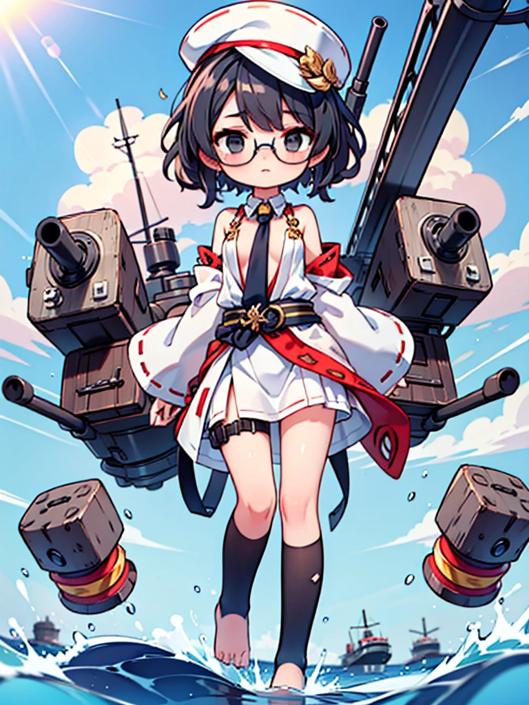 ((((Full body of a woman with perfect flat chest、solo、Short unkempt black hair、Tie your messy hair at the nape of your neck、white military jacket、Miko costume、tights、Black glasses、White military cap、Cloudy black eyes、Confused eyes、Junyo hair accessories)))), (((masterpiece))), (((Shipgirl))), ((Floating on the morning sea with both feet)), (Spread your legs wide open), (Hold the turret with your right hand), (Mechanical arms extending from the waist are used to equip the ship with battleship equipment.), (Equipped with a turret on the back), (Holds a triple turret on the left arm), Shotgun shells are attached to the thigh with a belt, Spreading the Machine's Wings, Machine tail, Holding a shotgun, Pussy