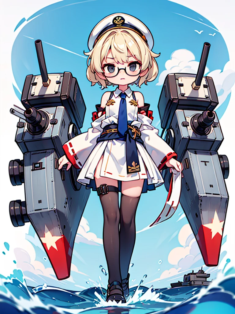 ((((Full body of a woman with perfect flat chest、solo、Short unkempt black hair、Tie your messy hair at the nape of your neck、white military jacket、Miko costume、tights、Black glasses、White military cap、Cloudy black eyes、Confused eyes、Junyo hair accessories)))), (((masterpiece))), (((Shipgirl))), ((Floating on the morning sea with both feet)), (Spread your legs wide open), (Hold the turret with your right hand), (Mechanical arms extending from the waist are used to equip the ship with battleship equipment.), (Equipped with a turret on the back), (Holds a triple turret on the left arm), Shotgun shells are attached to the thigh with a belt, Spreading the Machine's Wings, Machine tail, Holding a shotgun, Pussy