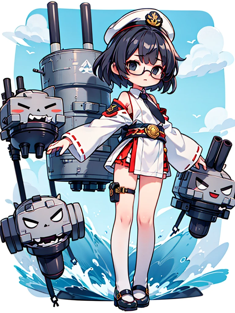 ((((Full body of a woman with perfect flat chest、solo、Short unkempt black hair、Tie your messy hair at the nape of your neck、white military jacket、Miko costume、tights、Black glasses、White military cap、Cloudy black eyes、Confused eyes、Junyo hair accessories)))), (((masterpiece))), (((Shipgirl))), ((Floating on the morning sea with both feet)), (Spread your legs wide open), (Hold the turret with your right hand), (Mechanical arms extending from the waist are used to equip the ship with battleship equipment.), (Equipped with a turret on the back), (Holds a triple turret on the left arm), Shotgun shells are attached to the thigh with a belt, Spreading the Machine's Wings, Machine tail, Holding a shotgun, Pussy