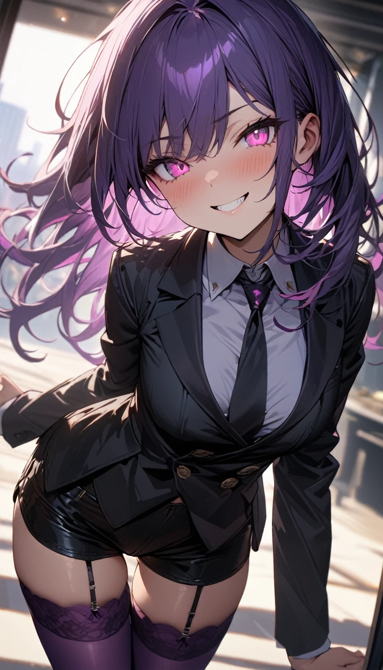 a handsome girl, solo,
purple long hair, pink eyes, bright eyes,
black jacket, tie, black shorts, garter rings, purple tights,
grin, blurry background, perfect lighting, best angle,
masterpiece, best quality, extremely detailed face, extremely detailed,