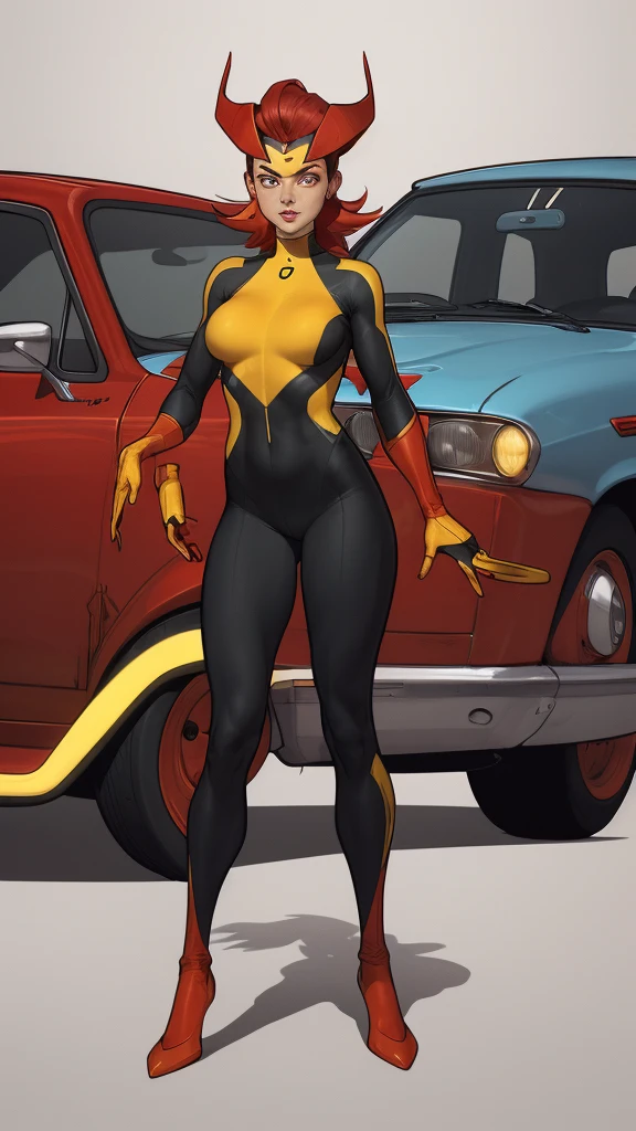 a woman in a red and black costume standing in a parking lot, high quality costume, intriguing outfit, red and black costume!!!, skin-tight outfit, tight full body suit, tight costume, superhero costume, em terno de spandex, wearing tight suit, wearing red and yellow hero suit, lycra costume, Like a retro futuristic heroine, as a pixar character
