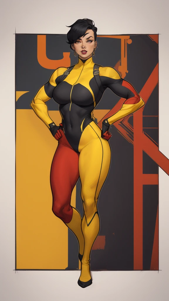 a woman in a red and black costume standing in a parking lot, high quality costume, intriguing outfit, red and black costume!!!, skin-tight outfit, tight full body suit, tight costume, superhero costume, em terno de spandex, wearing tight suit, wearing red and yellow hero suit, lycra costume, Like a retro futuristic heroine, as a pixar character