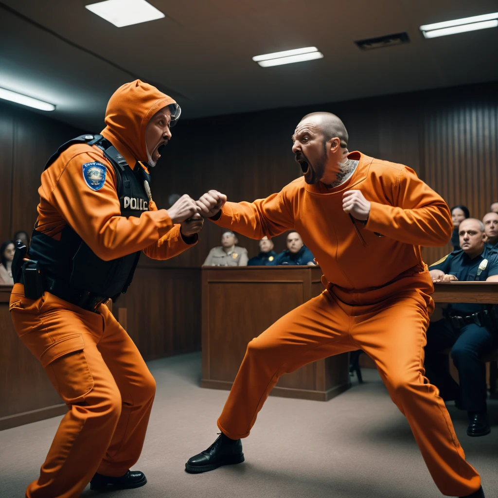 a crazy man in an orange prisoner suit fighting with a police officer in a courtroom, high detailed, 4k, two people, epic battle scene, intense expressions, dynamic poses, realistic lighting, dramatic camera angles, cinematic composition, moody color palette, powerful chiaroscuro, masterpiece