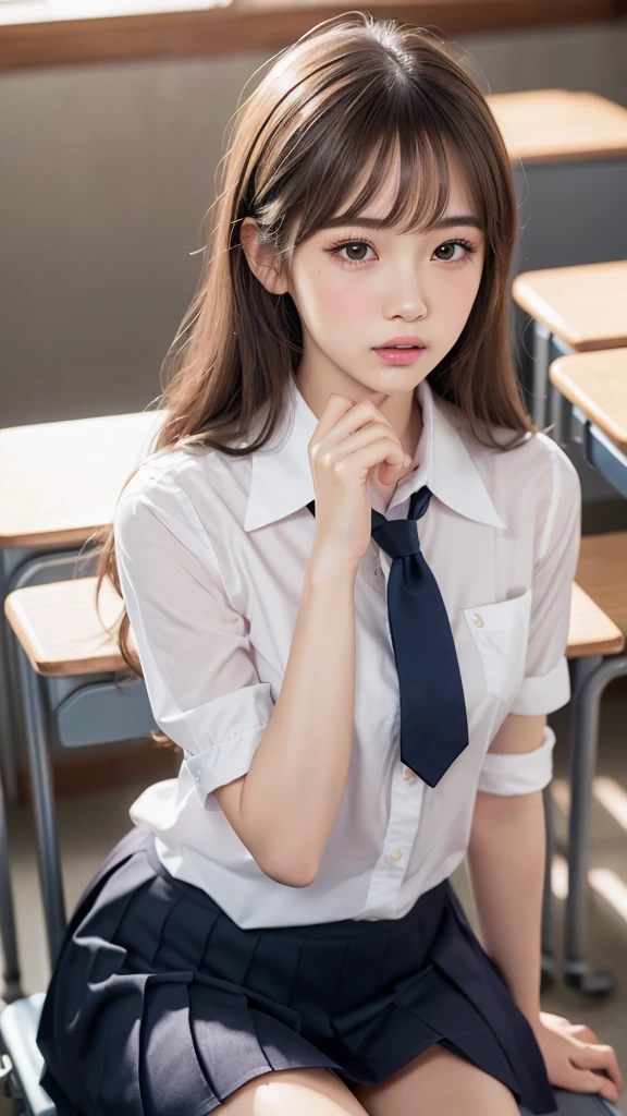 (Showing off panties:1.2), (Professional portrait, Realistic and perfectly shaped subjects:1.3), (masterpiece, highest quality:1.2), (Realistic, Ultra-realistic, Realistic:1.3), (ultra High resolution), High resolution, Intricate details, Super detailed, (Highly detailed CG, unity 8k wallpaper:1.3), Clear image,
break
(1 Japanese girl, 16 years old), (cute, Slender figure), (Perfect Anatomy, Correct limbs:1.2), (Perfect hands), Perfect Arms, Beautiful and delicate face down to the last detail, Beautiful and delicate eye and eye highlights, (Very thin and delicate、not too long lashes), (Captivating eyes, Beautifully detailed eyes and face), light makeup, Pink Lip, Lip gloss, Stylish face, (Shiny skin, Realistic skin detail), Brown Hair, medium chest
break
((school uniform)), (High school girl), (Black socks), shirt open
break
classroom, Sitting in a chair, (Cowboy Shot), break 
(((blush:1.4))), ((Embarrassing:1.4)), (((shy:1.5)))
break
from below
break