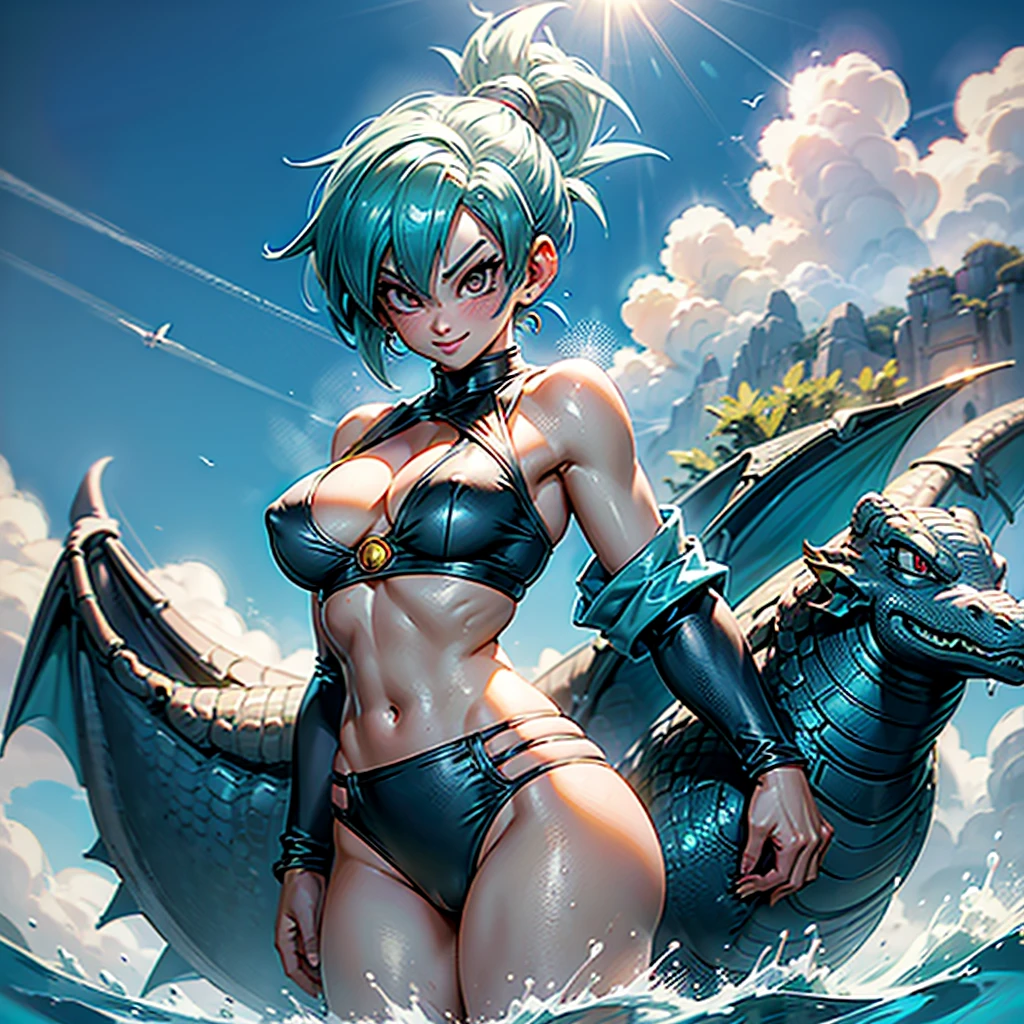 Masterpiece, Best Quality, high resolution, 1 girl, misty (dragon ball), BULMA, Alone, Bermuda, by cyan, diaphragm, bikini use, belly button, Bob hair, SMILE, outdoor, under the tits, medium breasts, Externally expanded chest,