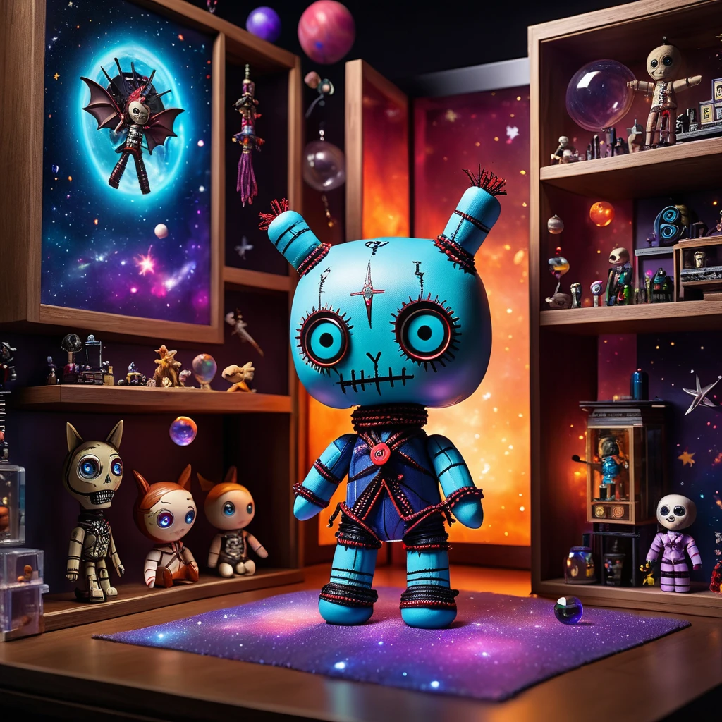 (knitted toy voodoo doll:1.9), (Voodoo bat:1.3), (Clothing: color-changing robe with galaxy and star patterns, high transparent boots:1.0), (Accessories: crystal cube containing miniature universes, mechanical glasses with multiple rotating lenses:1.2), (background: laboratory with floating architectural models, doors to different dimensions, sparkling screens showing parallel worlds:1.2), best quality, masterpiece, detailed soft oil painting, detailed background, dramatic cinematic lighting, soft edge lighting, professional, dramatic lighting, hard edge lighting, ultra quality, 4k, masterpiece, best quality, 8k, ultra high definition, high resolution, extremely detailed
