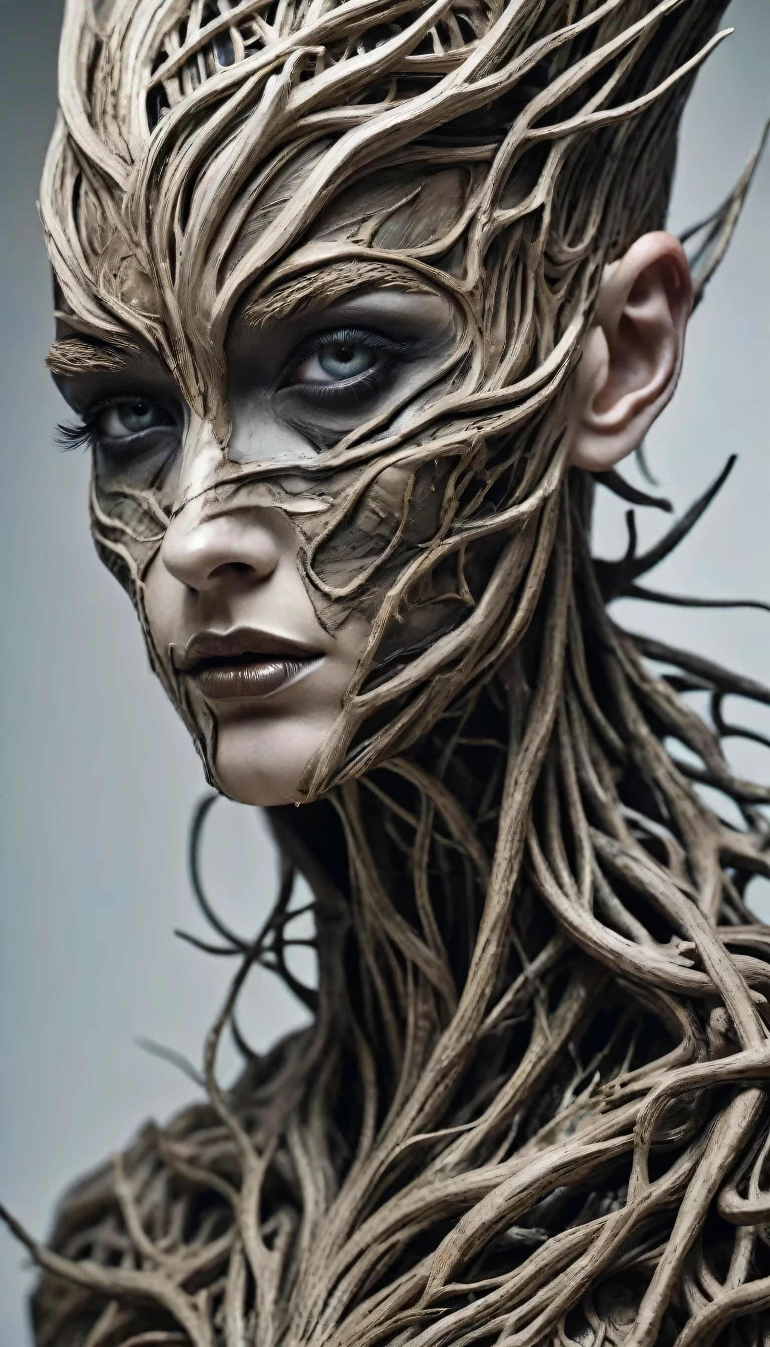 a close up of a person with makeup on, a surrealist sculpture, inspired by Darek Zabrocki, tumblr, gothic art, ray swanland, intricate roots, nagash editorial, highly detailed face and hand, detailed high definition representation of decayed muscle tissue, weird and disturbing atmosphere, novel visual art that shocks the eyes, ultra-high definition and ultra-delicate skin