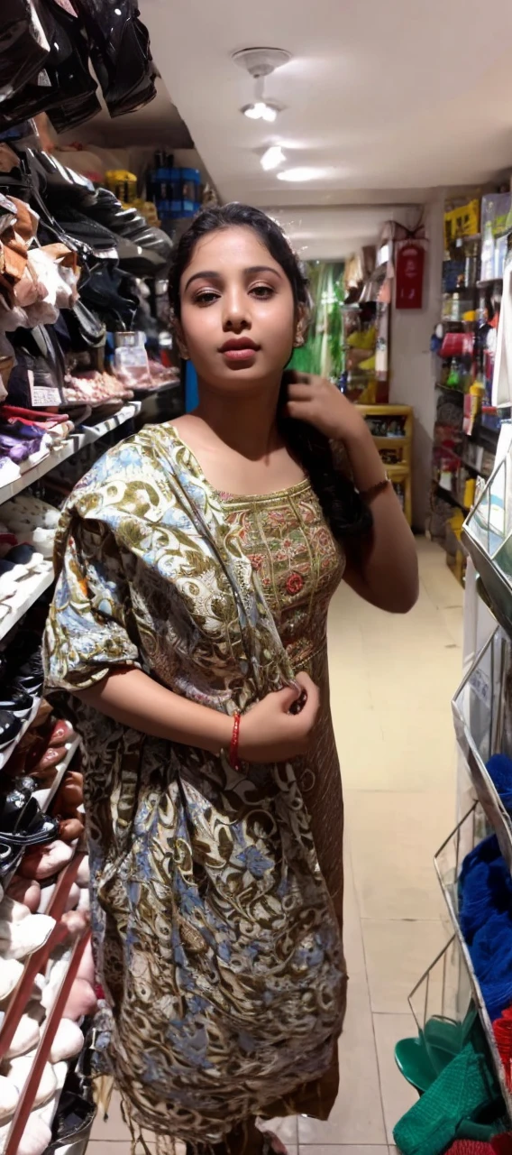(((desi girl))), chubby face, natural skin, wearing hot deep neck top and red dupatta, charming black hair, ((hair ends are blonde)), city streets background, bokeh