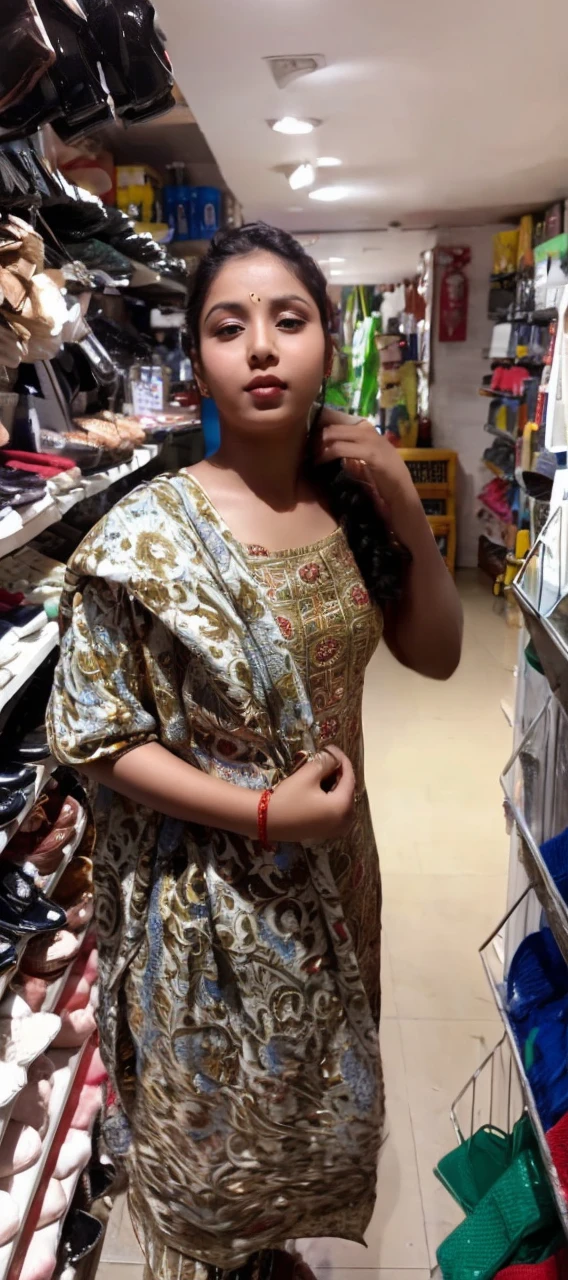 (((desi girl))), chubby face, natural skin, wearing hot deep neck top and red dupatta, charming black hair, ((hair ends are blonde)), city streets background, bokeh