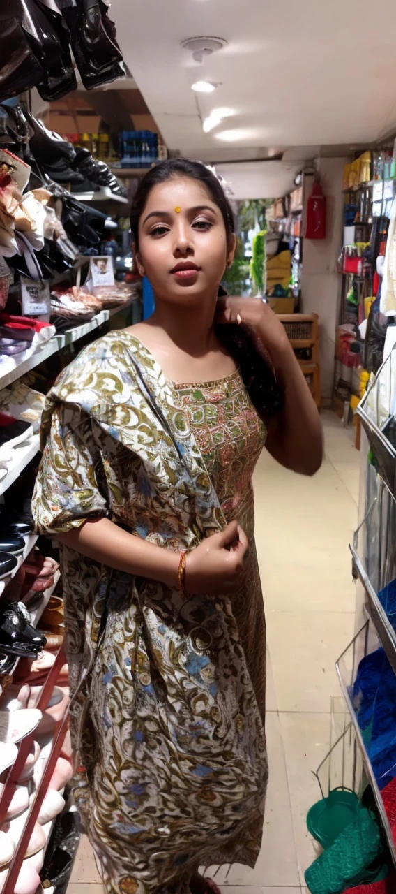 (((desi girl))), chubby face, natural skin, wearing hot deep neck top and red dupatta, charming black hair, ((hair ends are blonde)), city streets background, bokeh