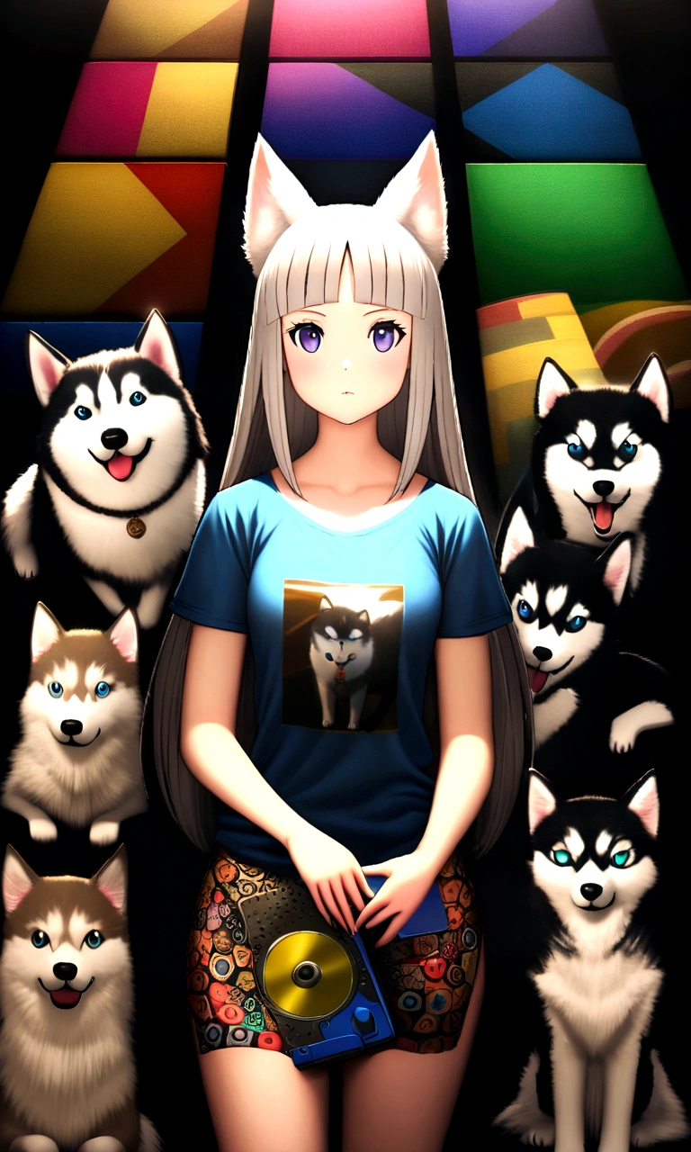label, cute cartoon siberian husky, White background, Unclothed, Vermeer style, 12k, high qualiy, hard disk, octan render, Cinematic lighting,design de tshirt,colorful cat
