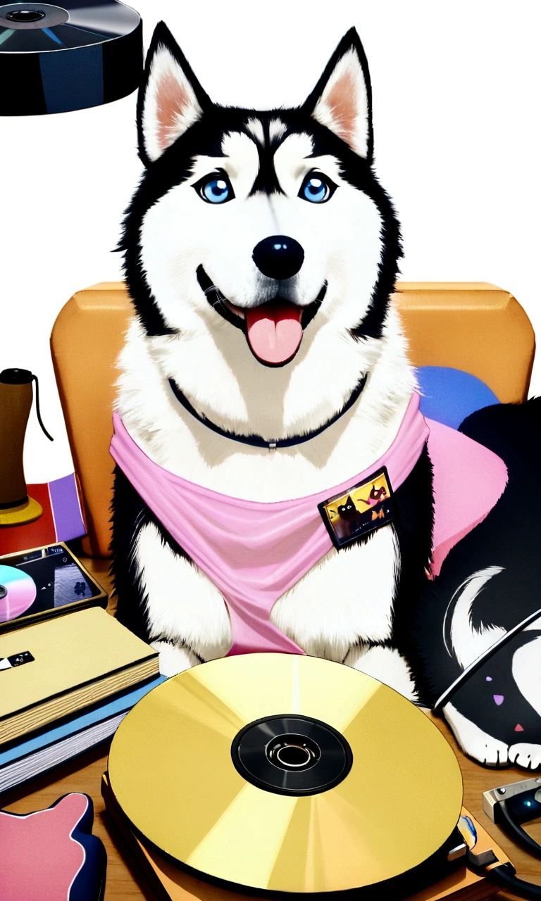 label, cute cartoon siberian husky, White background, Unclothed, Vermeer style, 12k, high qualiy, hard disk, octan render, Cinematic lighting,design de tshirt,colorful cat