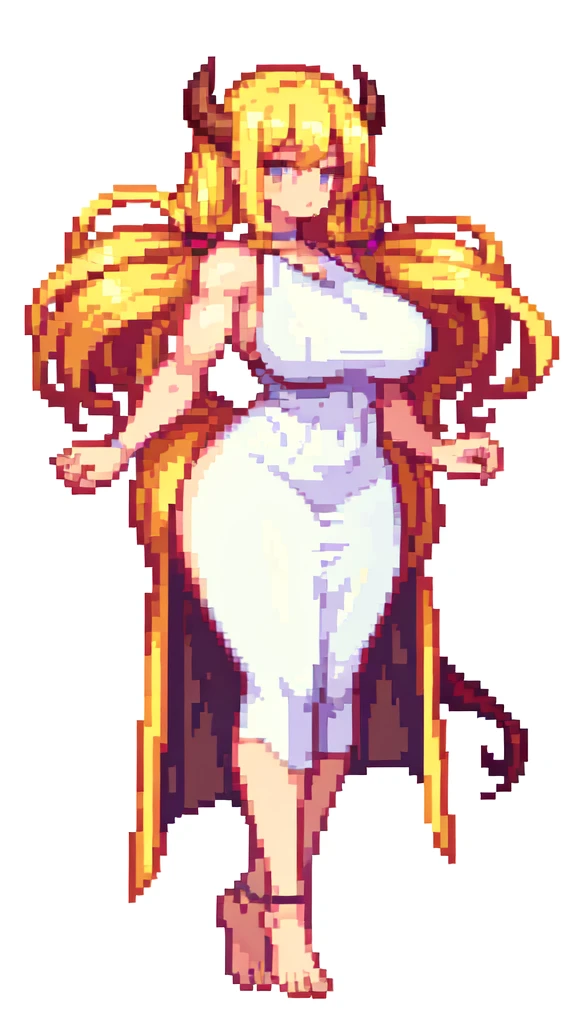 tall woman,big woman,very muscle,{{long legs}},devil,barefoot,{{muscular}},{{gigantic breasts}} ,{{curvy}} , ,masterpiece , best quality , pixel art , 1 girl ,{full body},voluptuous,brown skin,twintails,blonde hair ,white dress,white background