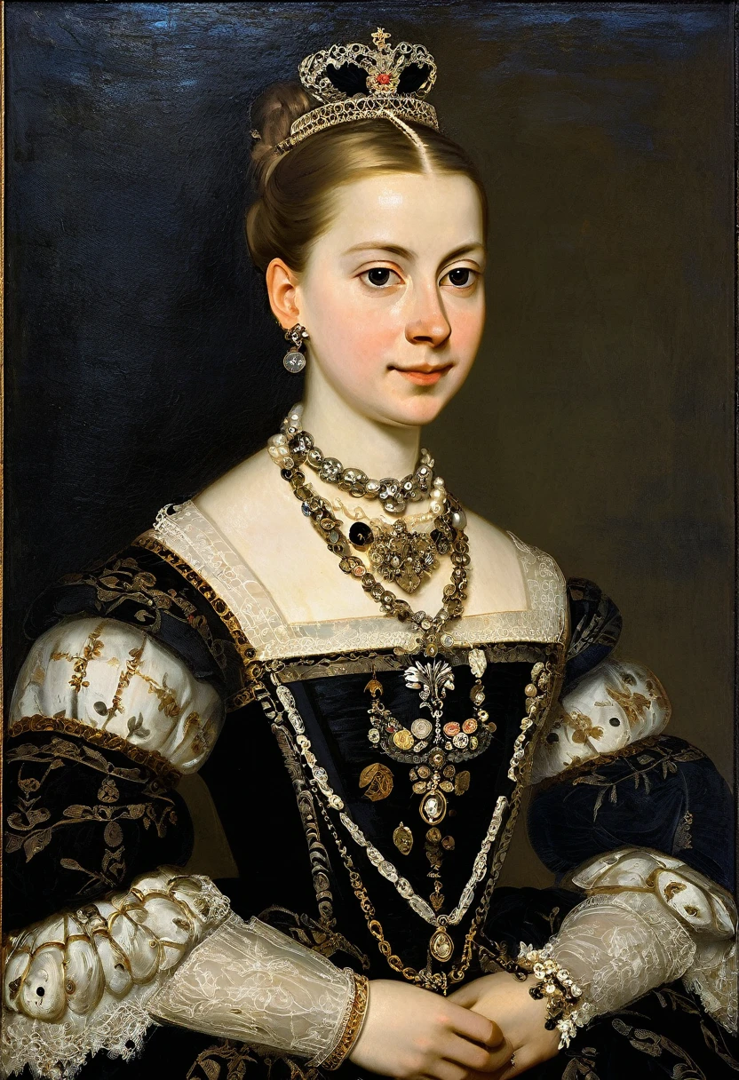 [ceremonial portrait]: charming young queen Anna of Austria with pendants, a slight mysterious smile from the shoulder, a dress with embroidered patterns, 17 century,(Adolf Piot style)), The dark Renaissance, (fog, very scuffing), ((palette/oil painting palette knife)), ((masterpiece)), single shot, impression:1.2, extreme detail, perspective:1.33, 8k