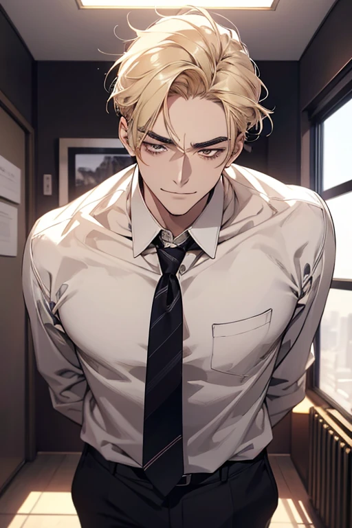 a handsome business man in his 20s with blond hair and brown eyes, messy short hair, a deadpan goofy expression, parallel eyebrows, and a kindly smile, wearing a business shirt and neck tie, looking a bit sleepy and frantically opening his eyes as if he's about to be late for work, standing in a simple 1LDK apartment with a small plant in the room, 4k, 8k, ultra-detailed, best quality, photorealistic, raw photo, perfect face, perfect lines, perfect eyes, soft lighting, digital art, digital illustration