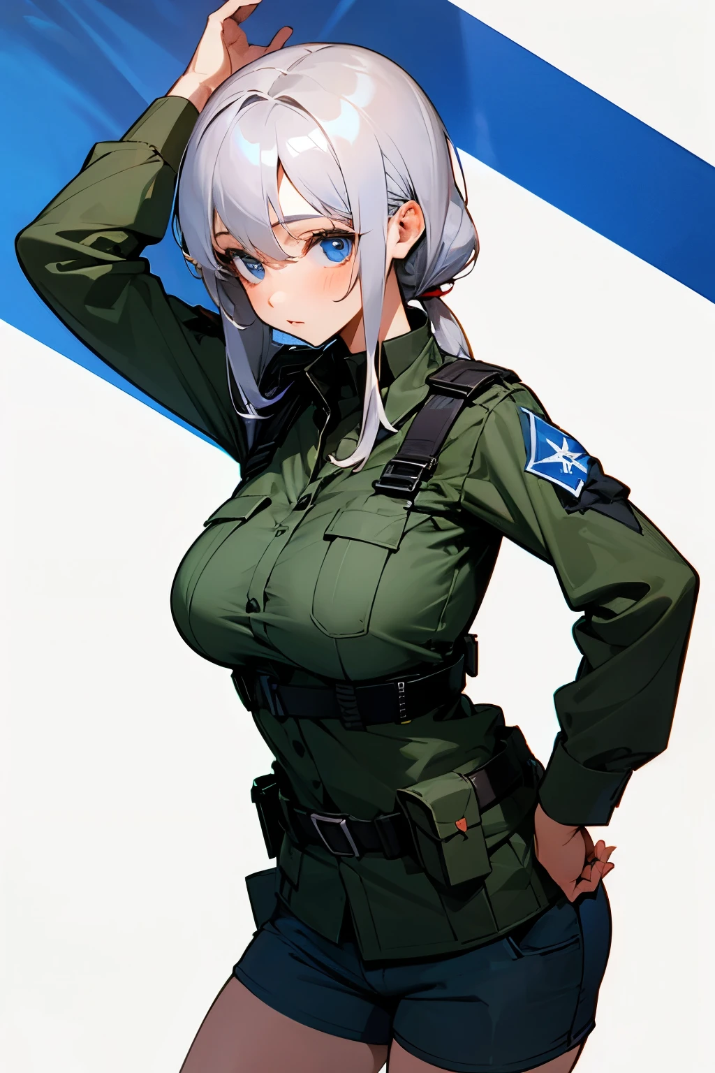 Cute girl, Israeli soldier, gray hair, blue eyes, beautiful, big breasts, Israeli flag, short pants, israeli soldier