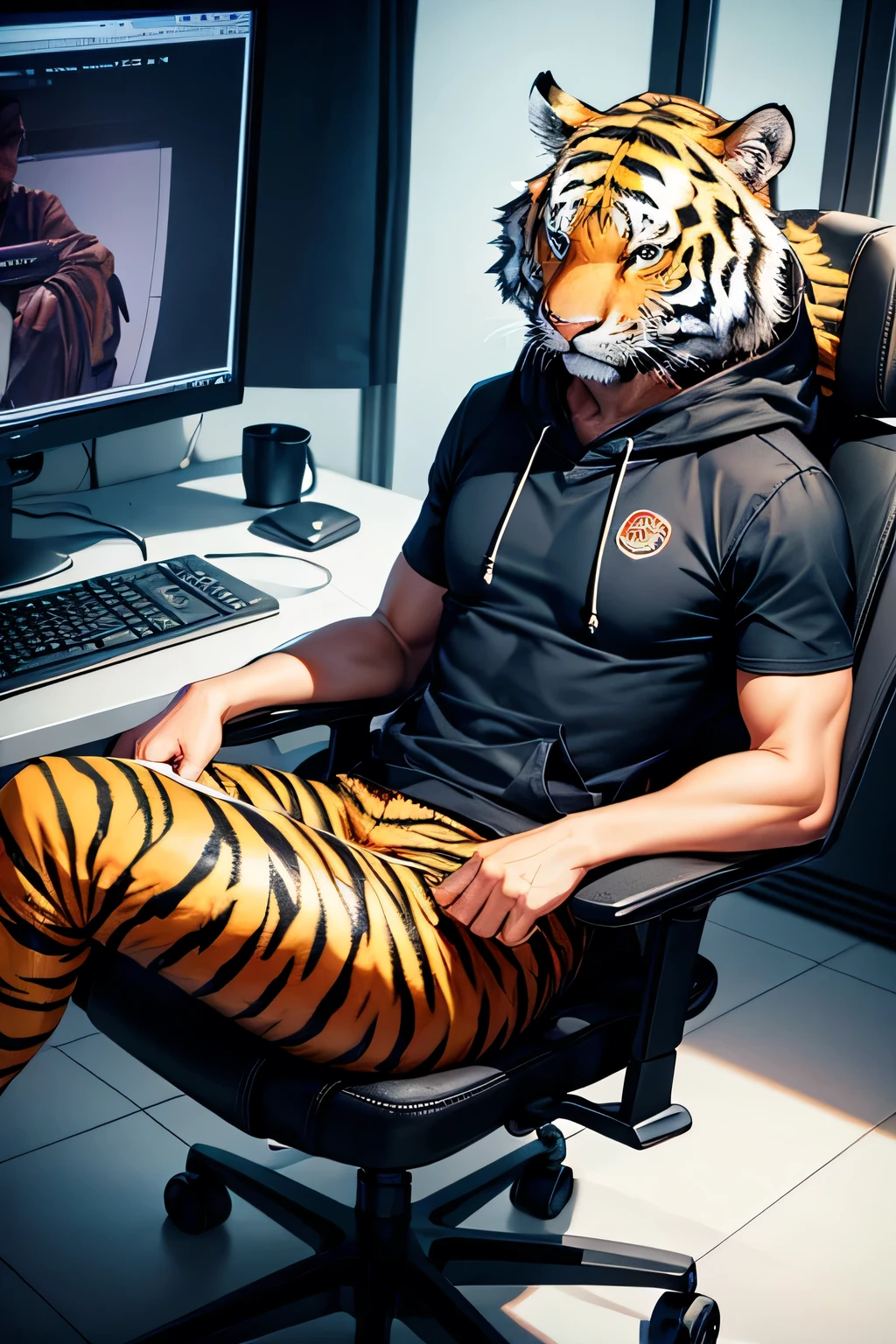 Tiger sits with his back playing the game., Sitting in a computer desk gamer chair , Wear a hooded tiger ,hairy ,Cool