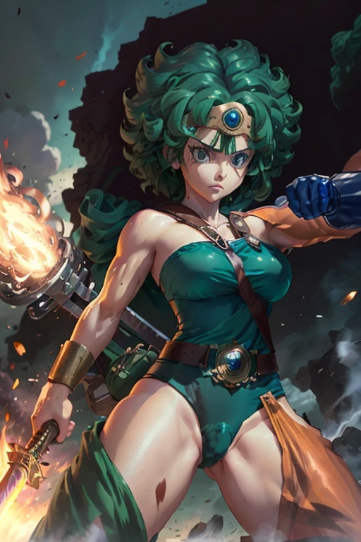 Anime Artwork Anime Artwork Masterpiece,most、high quality, Unreal Engine, Ultra-high resolution, Very detailed丸い胸, 1 person with medium chest, Waist, thin,(Muscular:0.9)
heroine,
Circlet, Curly Hair, Green Hair, short hair, Asymmetrical clothing, leotard, belt, One-handed gloves, Single Sleeve, Single Thigh High Cave, Holding a sword, . Anime Style, Key Visual, Vibrant, Studio Anime, Very detailed、be attacked by fire by the enemy. I'm running out of life. Get down on one knee、ragged equipment. injury.