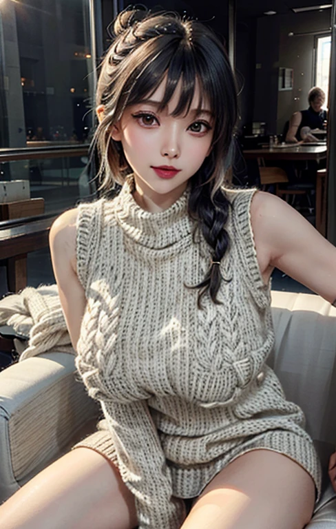 ( masterpiece, Texture_skin, excellent_detail, the best_quality, 1080P, HD, 4K, 8K, 16K), (beautiful_detailed_Eyes, beautiful_detailed_Lips, extremely_detailed_Eyes_and_Face), Soft_light, Physically based_Rendering, vivid_color, (Large target_breast:1.5), (short hair_thin braids_Bun hairstyle), (shining_hair, shining_skin, Face红), (Bangs:1.5), Eye_reflection, (Bokeh), 微lol_and_lol, (sleeveless_sweater_knitting:1.5) ,stockings,(sit on the chair,Spread your legs:1.3),Show belly button,beautiful_genital。