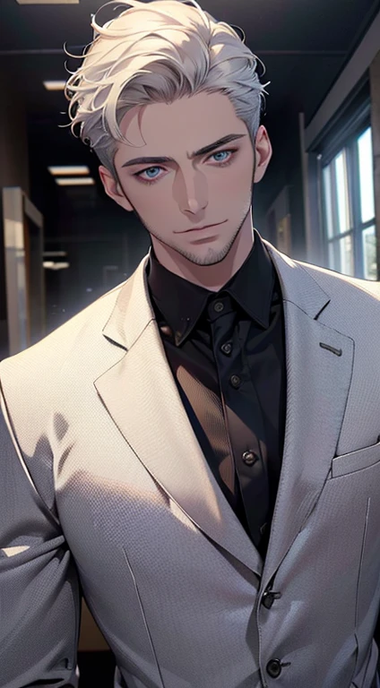 (best quality,4k,8k,highres,masterpiece:1.2),ultra-detailed,(realistic,photorealistic,photo-realistic:1.37),1 man,31 years old,mature man,very handsome,without expression,smile,short white hair,blue eyes,penetrating gaze,perfect face without errors,imposing posture,businessman,office background,cinematic lighting,hdr image