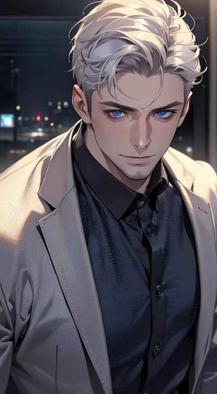 (best quality,4k,8k,highres,masterpiece:1.2),ultra-detailed,(realistic,photorealistic,photo-realistic:1.37),1 man,31 years old,mature man,very handsome,without expression,smile,short white hair,blue eyes,penetrating gaze,perfect face without errors,imposing posture,businessman,office background,cinematic lighting,hdr image