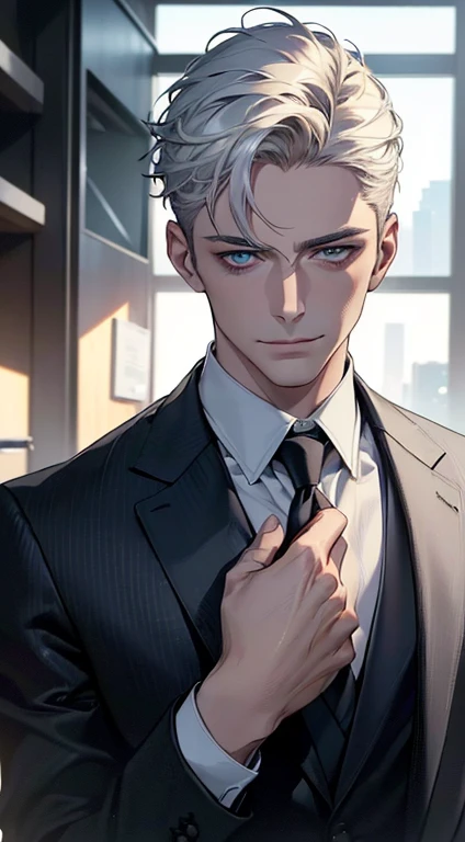 (best quality,4k,8k,highres,masterpiece:1.2),ultra-detailed,(realistic,photorealistic,photo-realistic:1.37),1 man,31 years old,mature man,very handsome,without expression,smile,short white hair,blue eyes,penetrating gaze,perfect face without errors,imposing posture,businessman,office background,cinematic lighting,hdr image