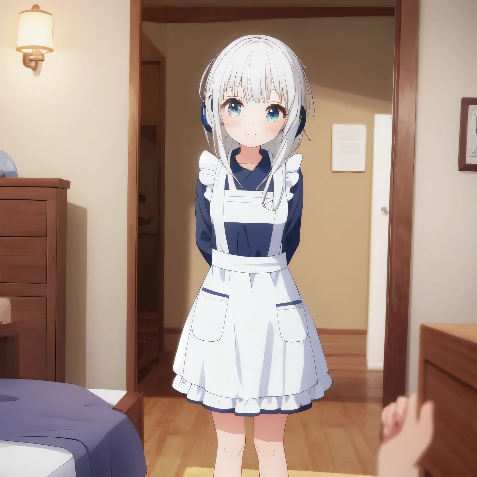 1girl,White Hair、Messy Hair、Highest quality, Very detailed, (masterpiece),Perfect proportions、apron、White socks、Long sleeve、smile、One girl、headphone、View your viewers、bed,Right in front of you、Peek into,arms behind back,standing