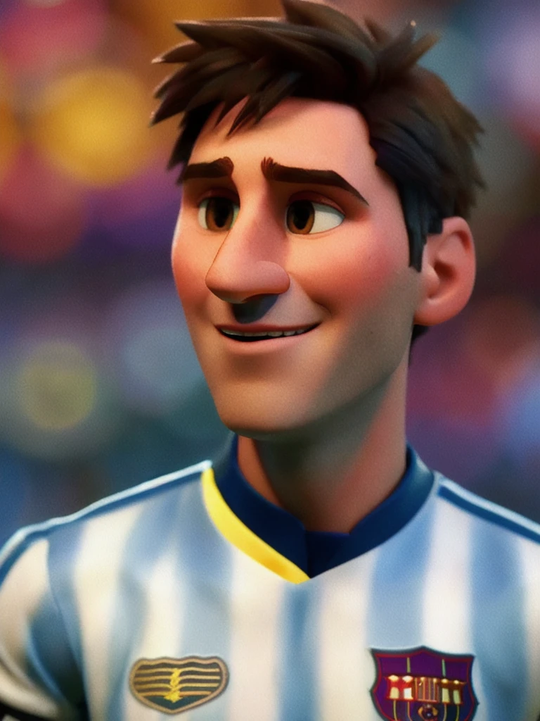 Lionel Messi, (pixar style) (masterpiece:1.2) (bokeh) (best quality) (detailed skin) (detailed texture) (8k) (claymation) (cinematic lighting) (sharp focus