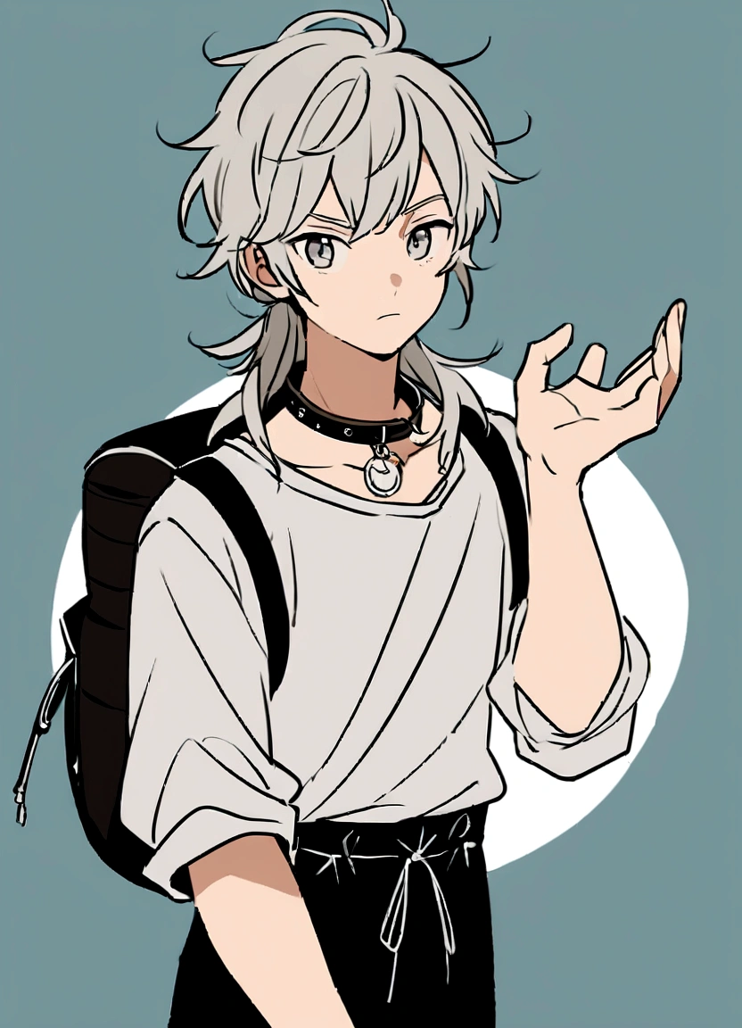 Create an anime-style illustration of a boy. He should have a similar pose and expression to the girl in the reference image. The boy should have short, slightly tousled hair. He is wearing a light grey loose shirt with rolled-up sleeves and a black ribbon tied around the collar. His outfit should also include black shorts and a black backpack. The background should be a plain light color to match the reference image."