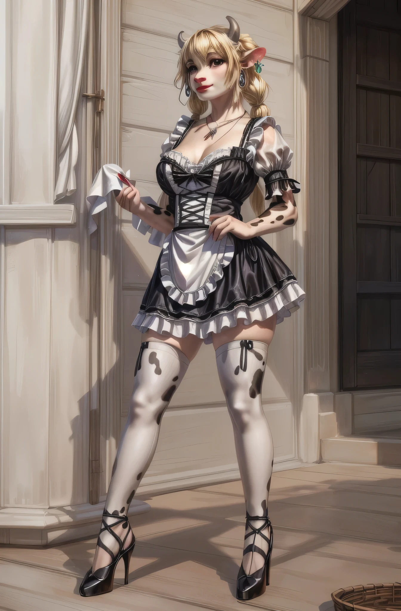 UHD 8k, HDR+, cute blonde anthro female Cow with a necklace, large piercing Karimi eyes, huge earrings, giant earrings, blonde with pigtails, Cow tail, White stockings, Cow hooves on legs, High heels, gothic maid dress, Against the background of a farm, detailed background, realistic, 1girl, solo girl, 20 year old girl, ultra realistic face, hyperrealistic, hyperdetailed, (looking at viewers), sharpen, detailed face, detailed eyes, detailed lips, red lips, beautiful face, 16k, FHD, raw photo, cute face mesh, pretty face mesh, portrait shot 8 k
