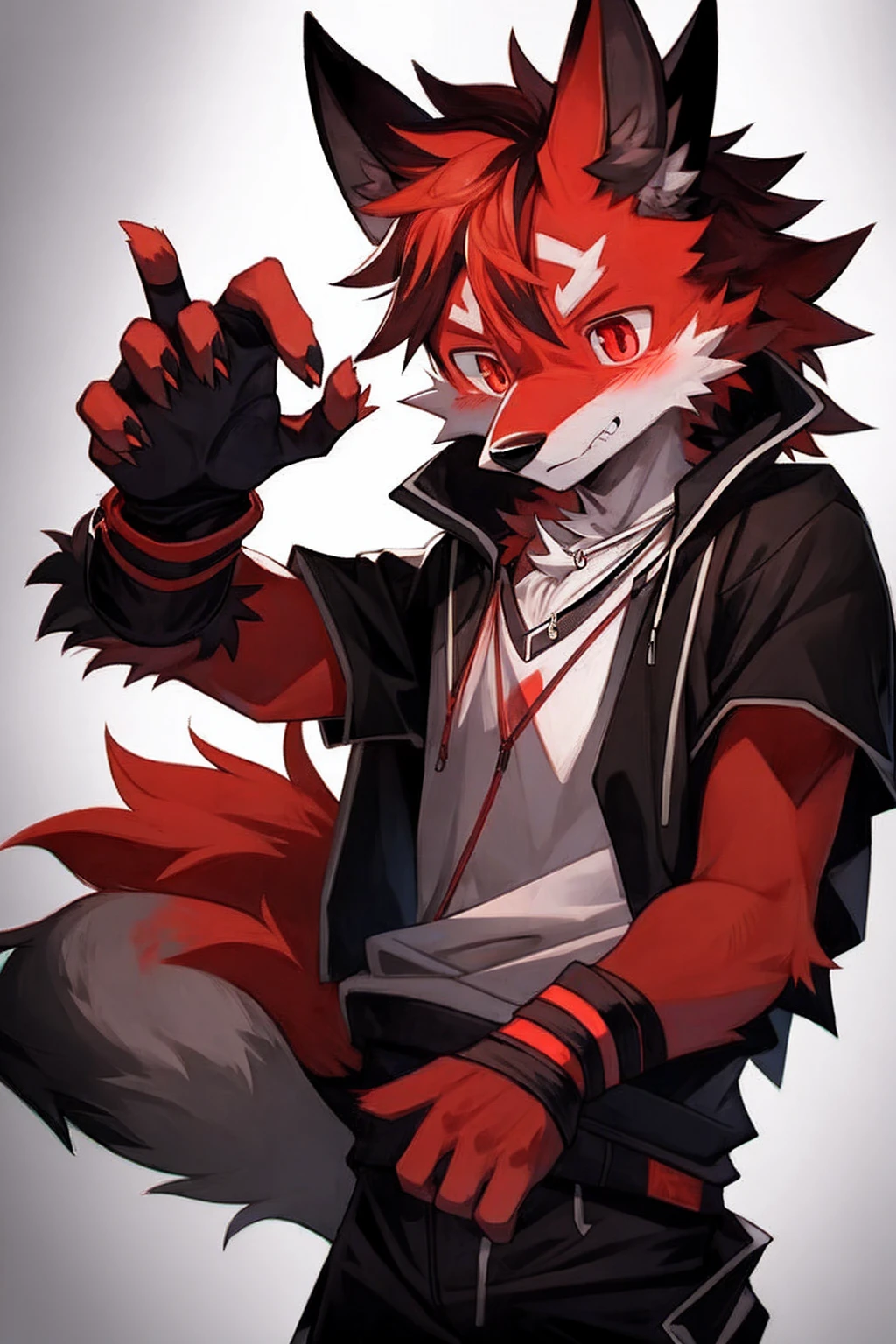 demon,Wolf Tribe,juvenile,Red fur,demon角,Silver necklace,Fingerless gloves,Sportswear,Simple background,Shy expression