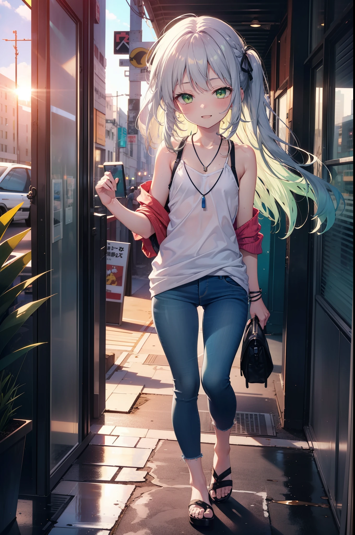 index, index, (Green Eyes:1.5), Silver Hair, Long Hair, (Flat Chest:1.2)happy smile, smile, Open your mouth,v neck tank top shirt,Skinny jeans,Cute Sandals,Rocket Pendant,Walking,Sunset,evening,The sun is setting,whole bodyがイラストに入るように,
break looking at viewer, whole body,
break outdoors, Building district,
break (masterpiece:1.2), Highest quality, High resolution, unity 8k wallpaper, (figure:0.8), (Beautiful attention to detail:1.6), Highly detailed face, Perfect lighting, Highly detailed CG, (Perfect hands, Perfect Anatomy),