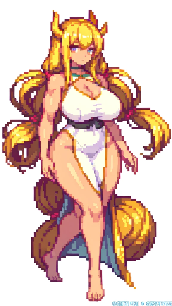 trample,tall woman,big woman,very muscle,{{long legs}},devil,barefoot,{{muscular}},{{gigantic breasts}} ,{{curvy}} , ,masterpiece , best quality , pixel art , 1 girl ,{full body},voluptuous,brown skin,twintails,blonde hair ,white dress,white background
