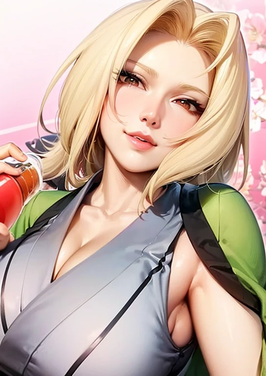 (best quality,masterpiece), Tsunade NS, Solitary, Japanese_clothing, breast, Large target_breast, (((丰满柔软的breast,)))(((巨Large targetbreast))) (((Cleavage))) kimono, cleveage, Smile, Lips, only_Shoulders, indoors, Alcohol, bottle, Sake_bottle, cup, Keep, leave_Shoulder, Indoor background