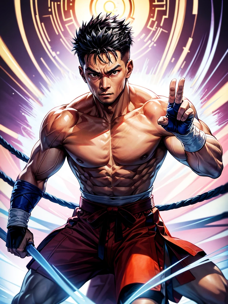 Highest quality,Highest Resolution,A fighter resembling Genki Sudo standing in the ring and striking a fighting pose,