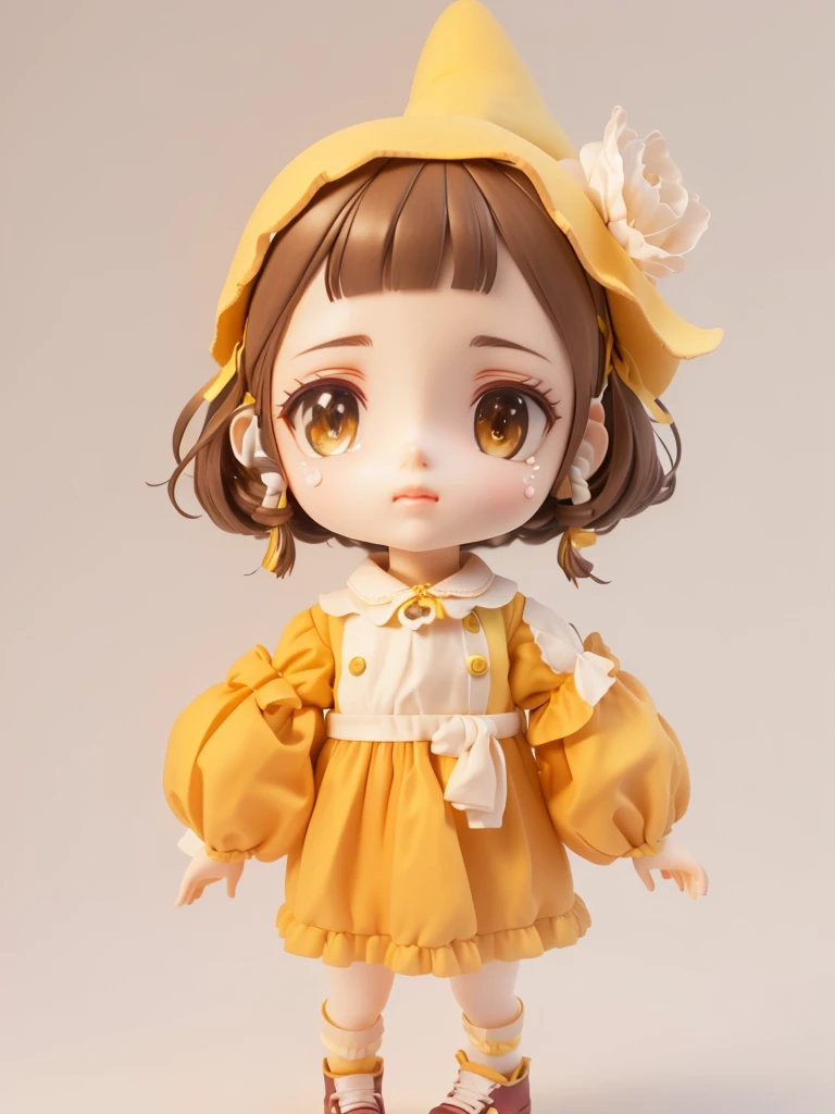 There was one wearing a yellow hat、Doll with clothes and shoes, render of a Lovely 3d anime girl, Lovely 3 d render, Lovely character, very detailed character, Stylized anime, Anime style 3d, Lovely! C4D, Lovely detailed digital art, 3D rendering style, Lovely art style, Lovely数字, April Rendering,Sad and tearful expression,close up