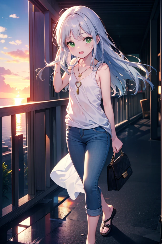index, index, (Green Eyes:1.5), Silver Hair, Long Hair, (Flat Chest:1.2)happy smile, smile, Open your mouth,v neck tank top shirt,Skinny jeans,Cute Sandals,Rocket Pendant,Walking,Sunset,evening,The sun is setting,whole bodyがイラストに入るように,
break looking at viewer, whole body,
break outdoors, Building district,
break (masterpiece:1.2), Highest quality, High resolution, unity 8k wallpaper, (figure:0.8), (Beautiful attention to detail:1.6), Highly detailed face, Perfect lighting, Highly detailed CG, (Perfect hands, Perfect Anatomy),